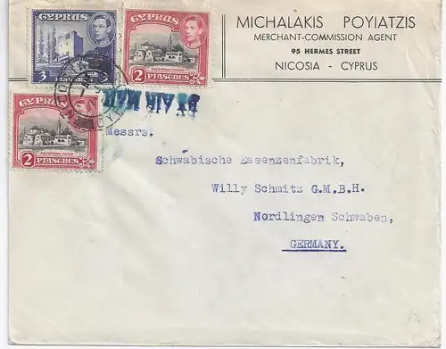 Zypern Cyprus 1950, Luftpost airmail Firmen Brief m. 3 Marken n. Deutschland.#10