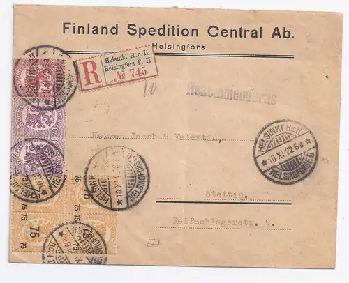 Finnland DR 1922, Einschrieben Brief m. 7 Werten v. Helsinki H:o II. #1624