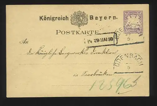 Bayern 1880, HKS ODENBACH auf Ganzsache v. Kronenberg  n. Saarbrücken. #1210