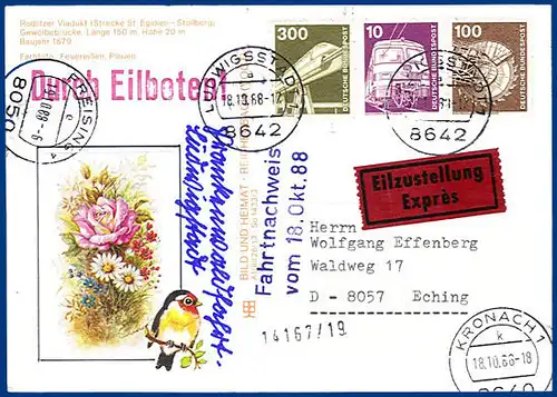 BRD 1988, Postbetrug, Eilboten Karte v Ludwigsstadt m wiederverwendter Marke.#54