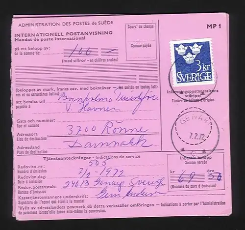 Schweden Dänemark 1972, EF 3 Kr. auf Internationaler Postanweisung. #675