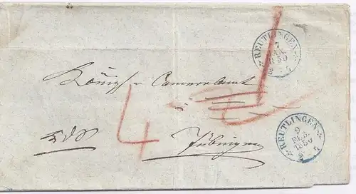 Württemberg 1850, blauer K2 Reutlingen auf 2x verwendetem Brief n.Tübingen. #715