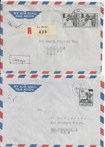 Schweiz 1951, Au St. Gallen, 2 Luftpost Brief n. USA, 1mal Einschreiben. #1900
