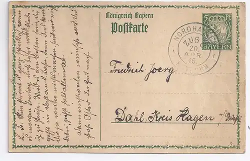 Bayern 1916, Nordhausen Kronach, Bahnpost K2 auf Ganzsache v. Unterrodach. #52