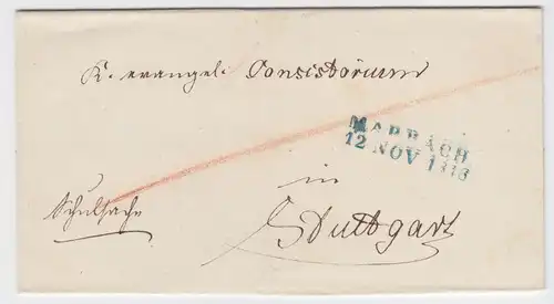 Württemberg 1846, blau L2 Marbach auf schönem Brief n. Stuttgart. #1888