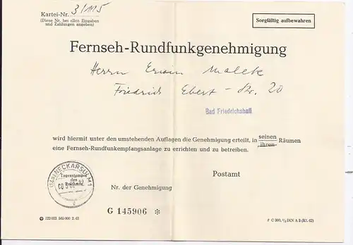 BRD 1962, TV Fernseh Rundfunk Genehmigung gest. Neckarsulm. Post Formular. #1131