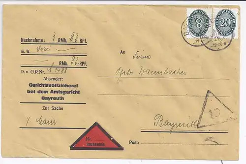 DR 1929, 8+20 Pf. auf Orts-Nachnahme Brief v. Bayreuth. #1779