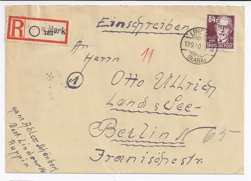 DDR 1950, Lindow Mark, Brief m. eingestempeltem Einschreiben Zettel.  #1823