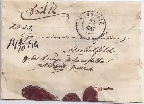 Baden 1868, K2 Sinsheim auf gesiegeltem Brief m. Portovermerk 10 Kr. erh. #1482
