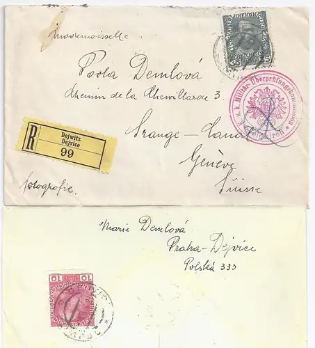 Österreich Schweiz 1915, Einschreiben Zensur Brief v. Dejvice m 35+10H rs. #1372