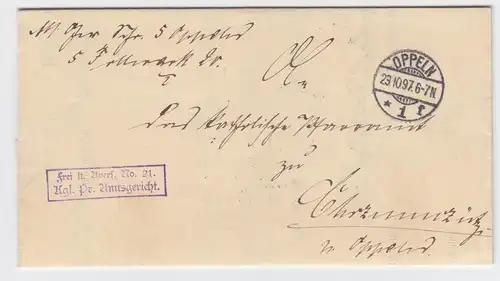 DR 1897, Oppeln Schlesien, Brief Frei lt. Avers No. 21 Kgl. Pr. Amtsger. #2270