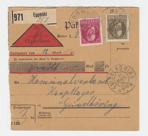 Bayern 1917, 10-40 Pf. auf Nachnahme Paketkarte v. Eggmühl n. Geiselhöring #2793