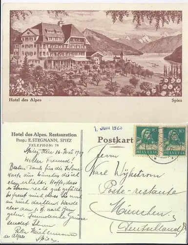 Spiez 1929, Restaurant Hotel Des Alpes, gebr. sw AK. #628