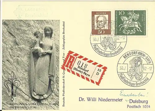 BRD 1962, Pfadfinder scouts Lagerpost Bexbachtal Einschreiben Kte. Bendorf #2680