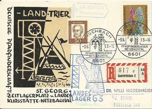 BRD 1962, Pfadfinder Lagerpost Netzbachtal Einschreiben Kte. v. Fischbach. #2681