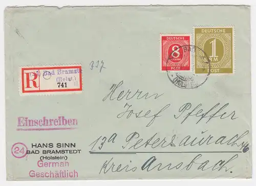 1946, Brief m. eingestempeltem Not Einschreiben Zettel Bad Bramsted Holst. #2225