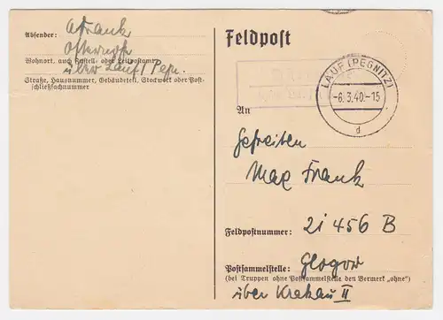 DR 1940, Landpost Stpl. Osternohe über Lauf auf Feldpost Karte. #2086