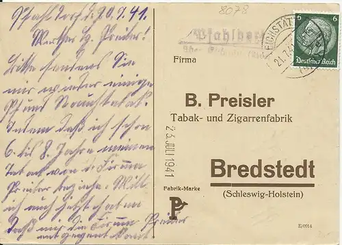 DR 1941, Pfahlberg über Eichstätt, Landpoststellen II Stpl. auf Karte m. 6 Pf.