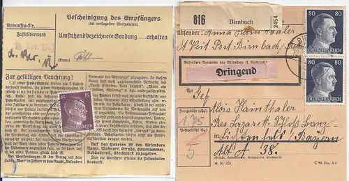 DR 1942, Postelberg Tschechien, Paketkarte m. Dringend -Beförderung. #2216