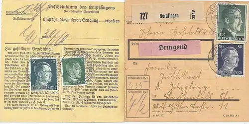 DR 1942, Nördlingen, Paketkarte m. Dringend -Beförderung. #2203