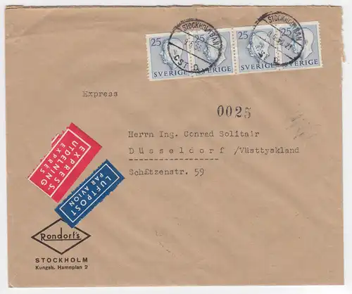 Schweden BRD 1956, MeF 4x25öre auf Bedarfs Luftpost Eilboten Express Brief. #299