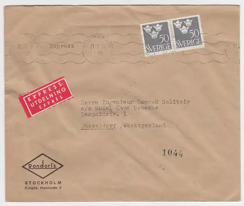 Schweden BRD 1954, MeF 2x 50 öre auf Bedarfs Eilboten Express Brief. #2044