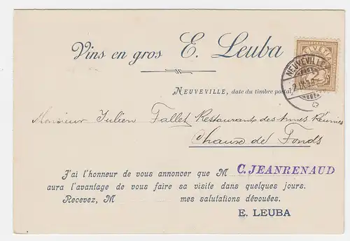 Schweiz 1898, 2 C. auf Wein Handel Avis v. Neuveville n. Chaux de Fonds. #2749