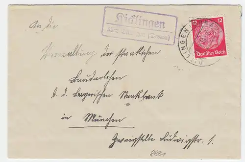 DR 1938, Kicklingen über Dillingen, Brief m. Landpost St.II Stpl. #2763