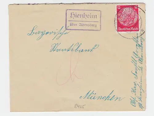 DR 1934, Hienheim über Abensberg, Brief m. Landpost Stellen II Stpl. #2760