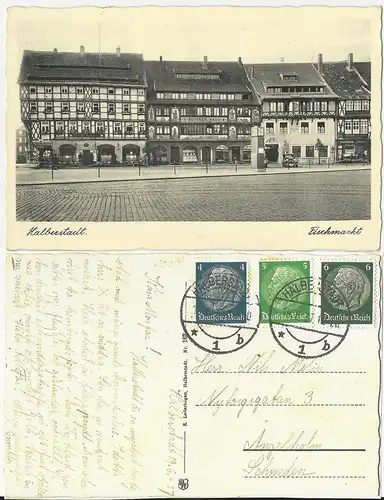 Halberstadt Fischmarkt, 1937 gebr. sw-AK m. 3 Marken n. Schweden. #2599