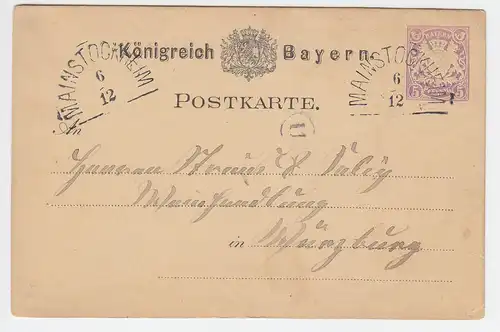 Bayern 1881, HKS Mainstockheim auf 5 Pf. Ganzsache n. Würzburg. #2710