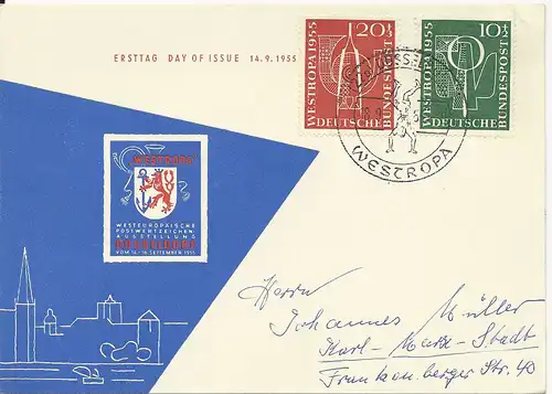 BRD 1955, 10+20 Pf. Westropa auf Ausstellungskarte v. Düsseldorf. #2934