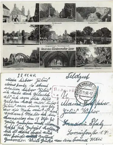 Gruß aus Fürstenwalde Spree, Feldpost gebr. sw AK n. Landau m. Nachgebühr  #2185