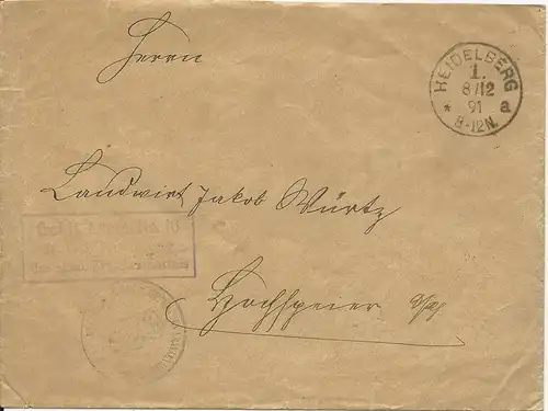 DR 1891, Portofreiheit Brief Frei lt. Avers No 16 v. Heidelberg. #894