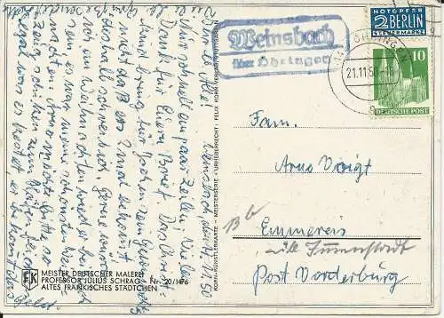 BRD 1950, Landpost Stpl. Weinsbach über Öhringen auf AK m. 10 + 2 Pf. #2938