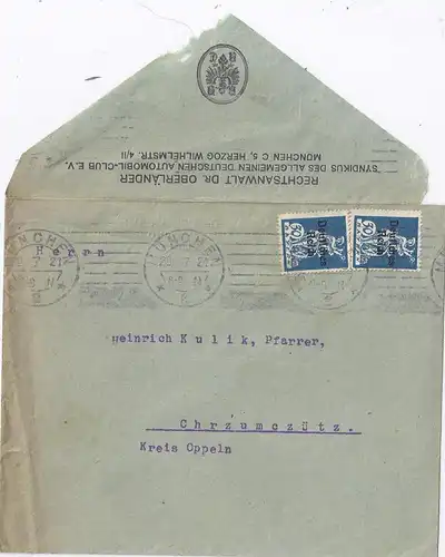DR 1921, Brief v. München n. Oppeln m. rücks. gedrucktem ADAC Absender. #1950