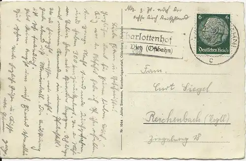 DR 1938, Landpost Stpl. Charlottenhof ü. Vietz (Ostbahn) auf Karte m. 6 Pf. #121