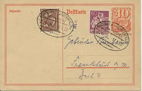 DR 1922, Ganzsache Karte v. Coburg m. Bahnpost Stpl. Eisenach Lichtenfels. #300