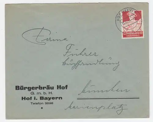 DR 1934, Bürgerbräu Hof, Firmen Brief m. 12 Pf. Thematik Brauerei Bier. #2127