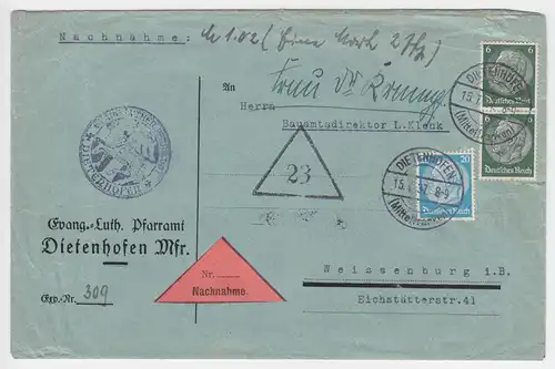 DR 1937, Dietenhofen, attraktiver Nachnahme Brief n. Weissenburg. #1121