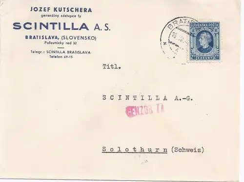 Slovensko Slowakei Schweiz 1942, Brief v. Bratislava m. Zensur Censor77. #369