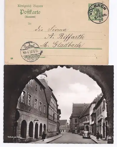 Volkach 1907, K1 klar auf Ganzsache (Text!) sowie sw ungebr. AK. #164