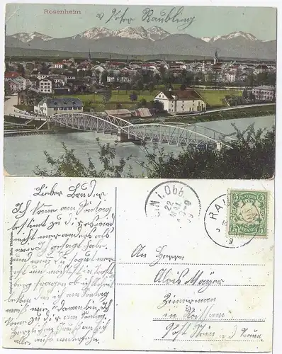 Bayern 1909, Rosenheim, Farb-AK m. Brücke und Stempel RAUBLING.  #1918