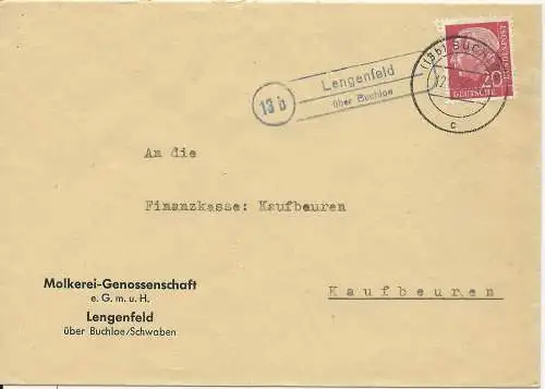 BRD 1956, Landpost Stpl. 13b Lengenfeld über Buchloe auf Brief m. 20 Pf. #2682
