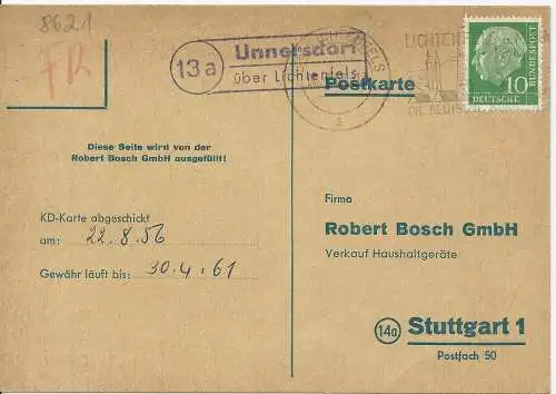 BRD 1956, Landpost Stpl. Unnersdorf über Lichtenfels auf Karte m. 10 Pf. #401