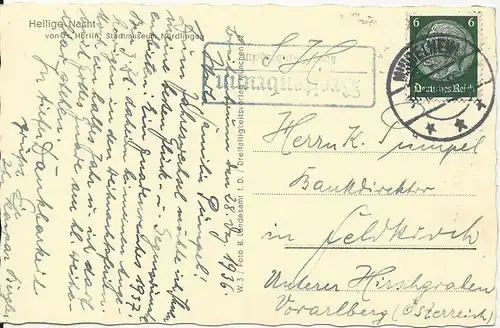 DR 1936, Landpost Stpl. Breitenbrunn über Mindelheim auf Karte m. 6 Pf. #311