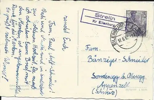 DDR 1961, Landpost Stpl. Strelln Kr. Eilenburg auf Karte m. 15 Pf. i.d. CH #1654