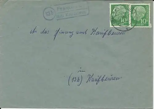 BRD 1956, Landpost Stpl. 13b Frankenried über Kaufbeuren auf Brief m. 2x10  #531