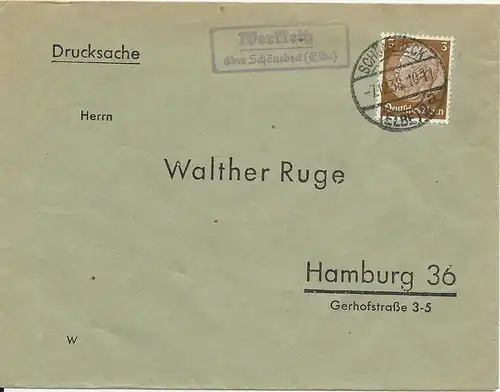 DR 1938, Landpost Stpl. Werkleitz über Schönebeck auf Brief m. 3 Pfg. #2811