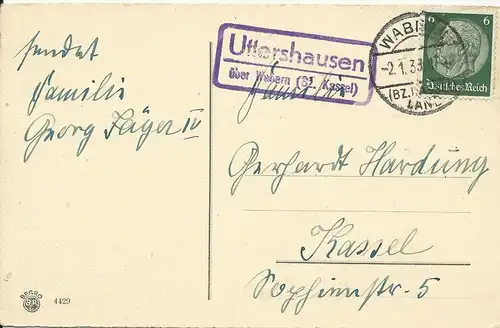 DR 1938, Landpost Stpl. Uttershausen über Wabern auf Karte m. 6 Pf. #2023